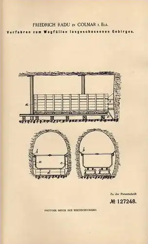 Original Patentschrift - F. Radu in Colmar i. Els., 1901 , Abtransport von Gebirge , Bergbau , Bergwerk , Tunnel  !!!