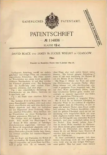 Original Patentschrift - D. Black in Glasgow , 1899 , Filter !!!