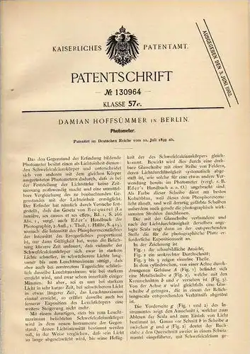 Original Patentschrift - Photometer , Photographie , 1899 , D. Hoffsümmer in Berlin !!!