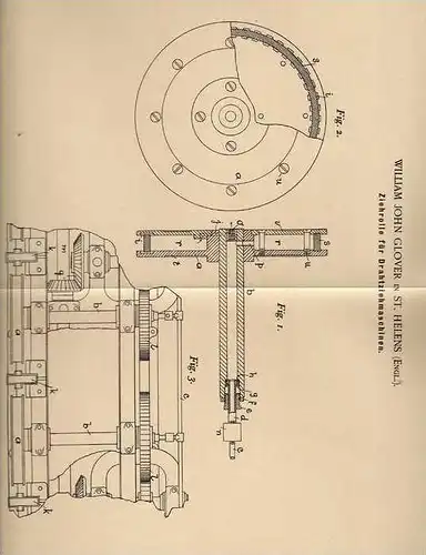 Original Patentschrift - W. Glover in St. Helens , 1901 , Drahtziehmaschine , Ziehrolle !!!