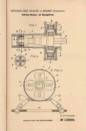 Original Patentschrift - R. Krause in Malmö , 1901 , Reibräder Wechsel- und Wendegetriebe , Getriebe !!!