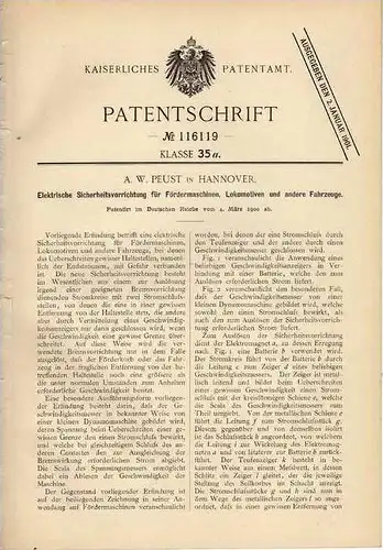 Original Patentschrift - Sicherheitsvorrichtung für Lokomotive , Eisenbahn , 1900, A. Peust in Hannover !!!