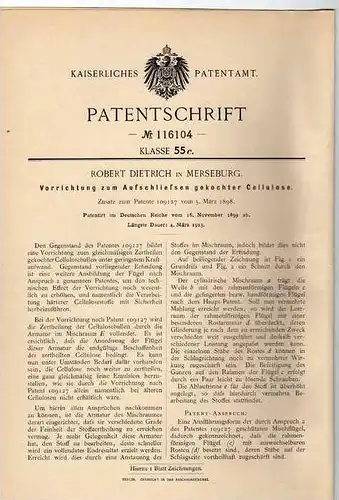 Original Patentschrift - R. Dietrich in Merseburg , 1899, Cellulose Vorrichtung !!!