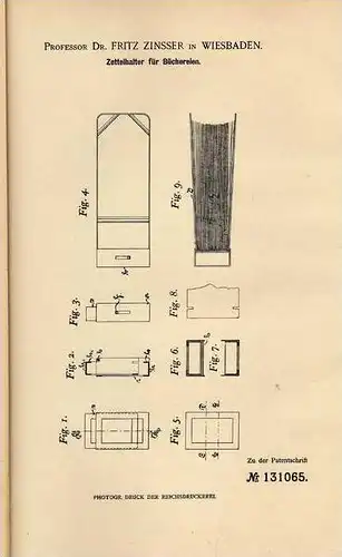 Original Patentschrift - Prof. Dr. F. Zinsser in Wiesbaden , 1901 , Halter für Bücherei !!!