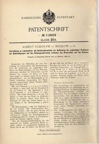 Original Patentschrift - A. Rudolph in Bredow a. Oder , 1898 , Lokomotive , Eisenbahn , Schiene  !!!