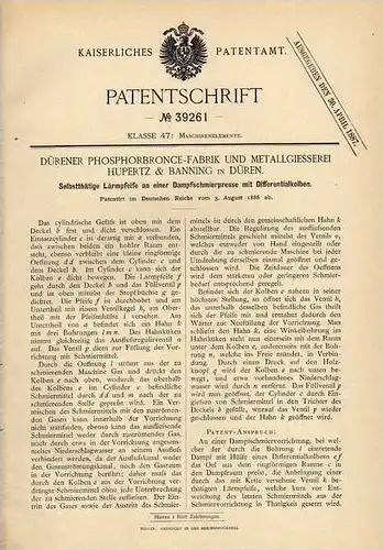 Original Patentschrift -  Phosphorfabrik in Düren , 1886 , Lärmpfeife für Dampfschmierpressen !!!