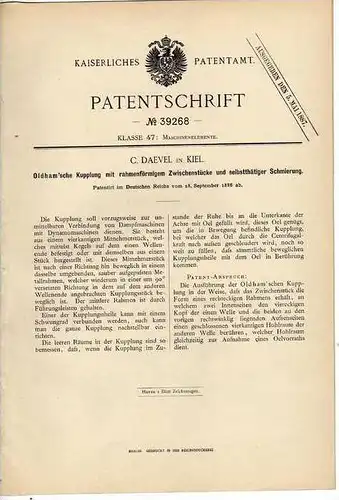 Original Patentschrift -  Oldham`sche Kupplung , 1886 , C. Daevel in Kiel , Dampfmaschine !!!