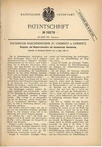 Original Patentschrift - Sächs. Maschinenfabrik in Chemnitz , 1886 , Spinnmaschine , Spinnerei !!!