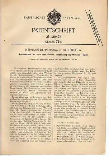 Original Patentschrift -  Spinnmaschine , 1900,  H. Deppermann in Herford , 1900!!!