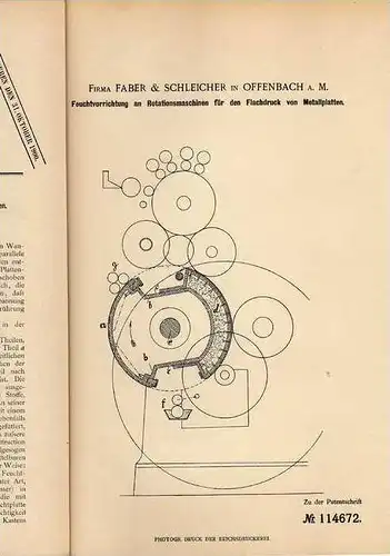 Original Patentschrift - Fa. Faber & Schleicher in Offenbach a. Main , 1899 , Druckmaschine !!!