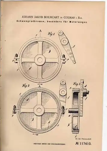 Original Patentschrift - J. Bourcart in Colmar , Elsass ,1899 , Bremse für Motorwagen , Automobile !!!