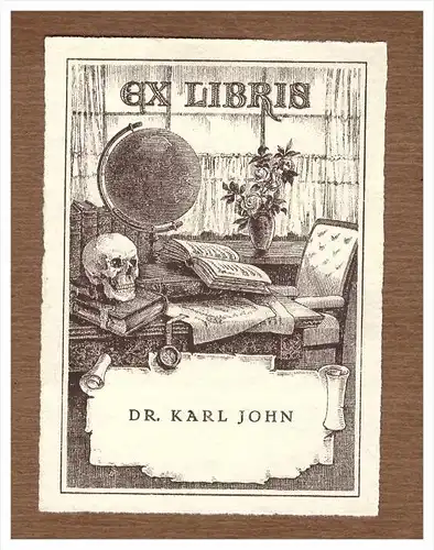 Exlibris - Dr- Karl John , 1929 , Totenkopf , Arzt , Globus , Ex Libris Bookplate !!!