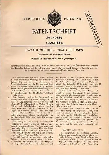 Original Patentschrift - J. Kullmer Fils in La Chaux de Fonds , 1902 , Taschenuhr mit sichtbarer Unruhe , Uhr !!!