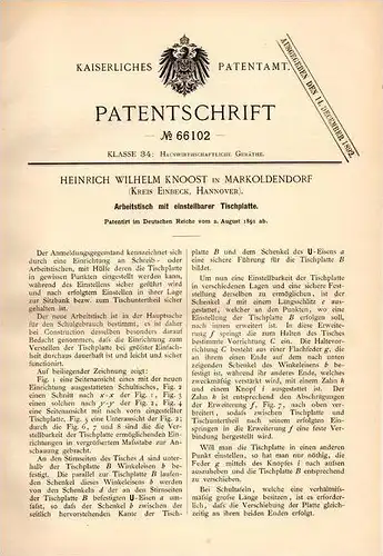 Original Patentschrift - H. Knoost in Markoldendorf , Kr. Einbeck ,1891 , einstellbarer Arbeitstisch , Architekt , Möbel