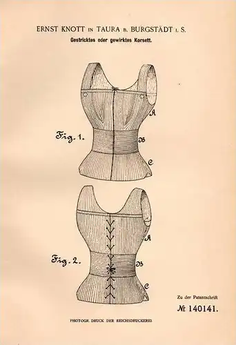 Original Patentschrift - Ernst Knott in Taura b. Burgstädt i.S., 1902 , Gestricktes Korsett !!!