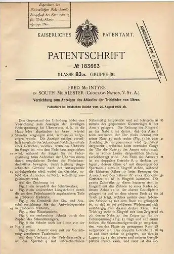 Original Patentschrift - F. Mc Intyre in South Mc Alester , USA , 1905 , Anzeige für Ablauf von Uhren , Uhr , Clock !!!