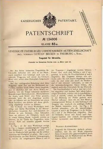 Original Patentschrift - Uhrenfabrik Freiburg i. Schl., 1902 , Tragstuhl für Uhrwerke , Uhrmacher !!!