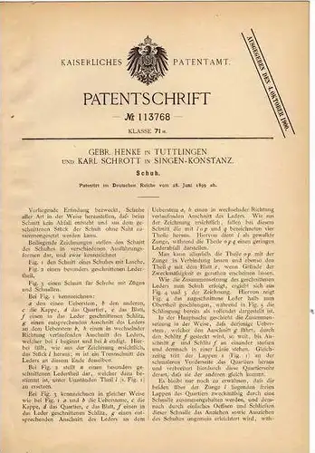 Original Patentschrift - Gebr. Henke in Tuttlingen und Singen - Konstanz , 1899 , Schuh , Schuhmacher !!!