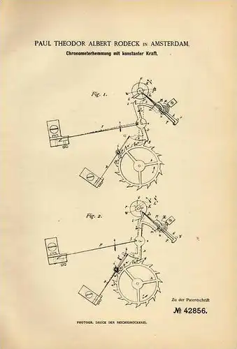 Original Patentschrift - Chronometer , Uhr , 1887 , P. Rodeck in Amsterdam !!!