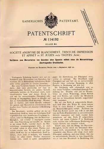 Original Patentschrift - Société de Teinture et Apprét in Saint Julien pres Troyes , Aube , 1898 , Gewebe - Mercerisien