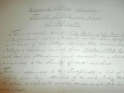 University College London , 1888 , Certificate für Dr. Vodoz , La Tour de Peilz , mit Autograph !!!