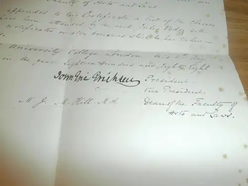 University College London , 1888 , Certificate für Dr. Vodoz , La Tour de Peilz , mit Autograph !!!