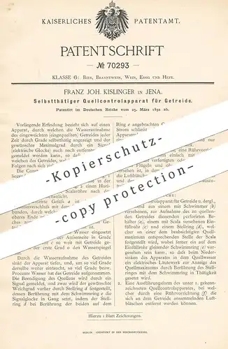 original Patent - Franz Joh. Kislinger , Jena , 1892 , Quellkontrollapparat für Getreide | Quellen | Brauerei | Bier !