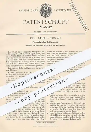 original Patent - Paul Biller , Breslau , 1888 , Perspektivischer Größenmesser | Messen der Größe , Lineal , Winkel !!!