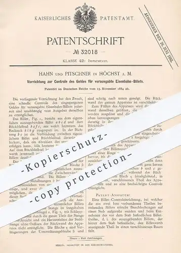 original Patent - Hahn und Pitschner , Höchst / Main , 1884 , Geld - Kontrolle für verausgabte Eisenbahn - Billets !!