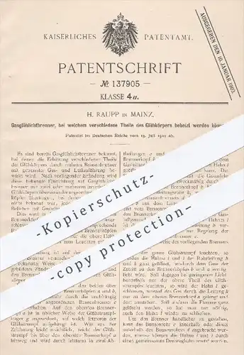 original Patent - H. Raupp , Mainz , 1901 , Gasglühlichtbrenner | Brenner , Gas , Licht , Beleuchtung , Bunsenbrenner !