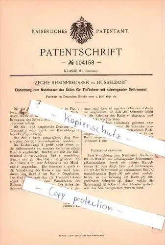 Original Patent  -  Zeche Rheinpreussen in Düsseldorf , 1898 , Bergbau !!!