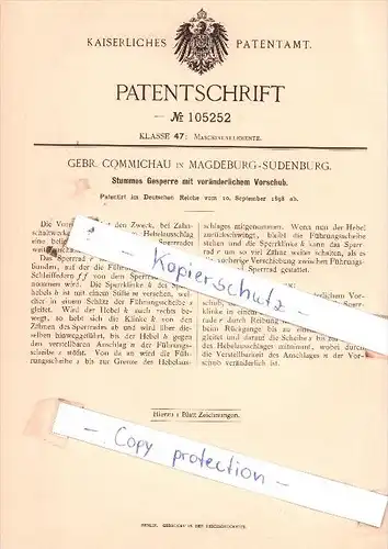 Original Patent  - Gebr. Commichau in Magdeburg-Sudenburg , 1898 , Maschinenelemente !!!