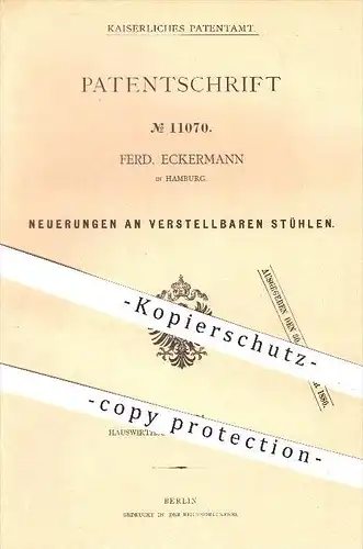 original Patent - Ferd. Eckermann in Hamburg , 1880 , verstellbare Stühle , Stuhl , Möbel , Sessel , Bett , Chaiselongue