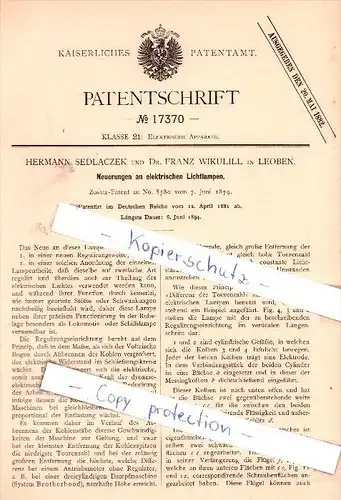 Original Patent - H. Sedlaczek und Dr. F. Wikulill in Leoben , 1881 , Neuerungen an Lichtlampen !!!