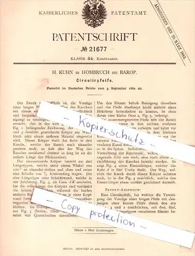 Original Patent - H. Kuhn in Hombruch bei Barop , 1882 , Circulirpfeife , Dortmund !!!