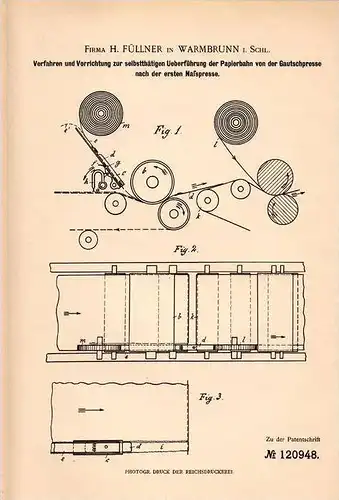 Original Patentschrift - Fa. H. Füllner in Warmbrunn i.Schl., 1900 , Gautschpresse , Papier , Cieplice Slaskie-Zdroj