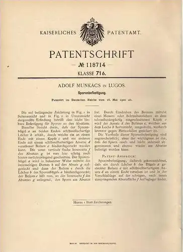 Original Patentschrift - A. Munkács in Lugos / Lugoj , 1900 , Befestigung für Sporen ,  Pferde , Rumänien !!!