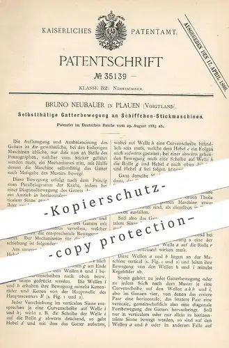 original Patent - Bruno Neubauer , Plauen , Voigtland , 1885 , Gatterbewegung an Schiffchen - Stickmaschine | Sticken !!