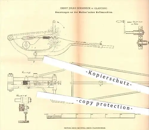 original Patent - Ernst J. Boessneck , Glauchau , 1878 , Mather'sche Heftmaschine | Mather , Nähmaschine , Nähen !!