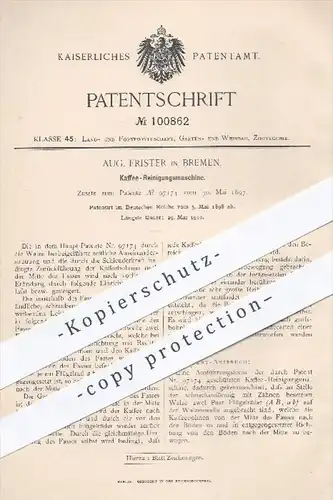 original Patent - Aug. Frister in Bremen , 1898 , Kaffee - Reinigungsmaschine | Kaffeebohnen , Bohnen , Rösterei !!!