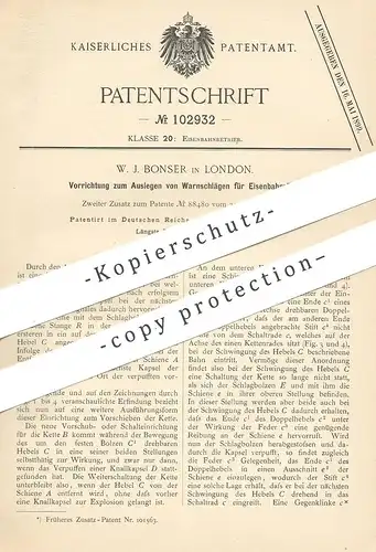 original Patent - W. J. Bonser , London , England 1897 , Auslegen der Warnschläge für Eisenbahnen | Eisenbahn Schaltwerk