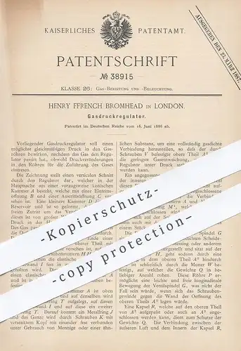 original Patent - Henry Ffrench Bromhead , London , England , 1886 , Gasdruckregulator | Gas - Druckregulator | Gasmotor