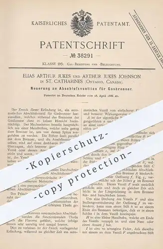 original Patent - Elias Arthur Jukes & A. J. Johnson , St. Catharines , Ontario , Kanada , 1886 , Ventile für Gasbrenner