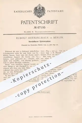 original Patent - Rudolf Hoeninghaus , Berlin , 1892 , Verstellbarer Zylinderputzer | Lampe , Licht , Beleuchtung !!!