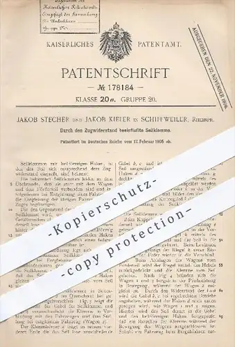 original Patent - J. Stecher , J. Kiefer , Schiffweiler , 1905 , Durch Zugwiderstand beeinflusste Seilklemme | Aufzug !!