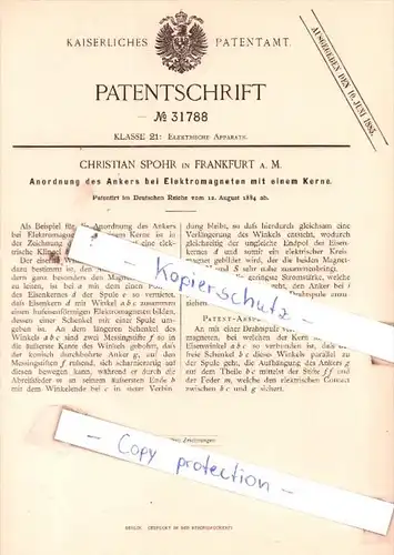 Original Patent  - Christian Spohr in Frankfurt a. M. , 1884 , Elektrische Apparate !!!