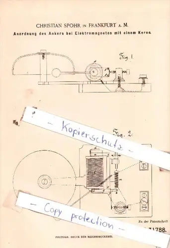 Original Patent  - Christian Spohr in Frankfurt a. M. , 1884 , Elektrische Apparate !!!