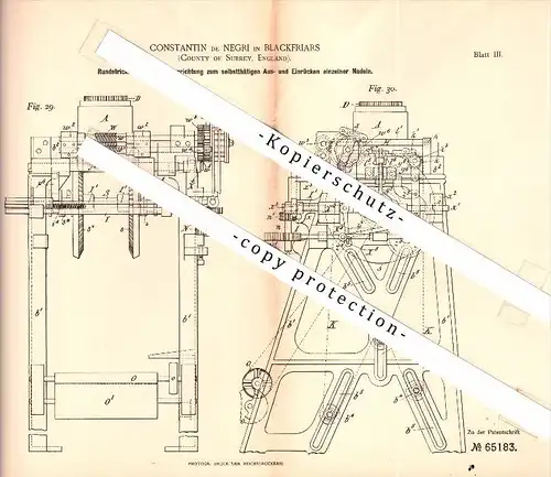 Original Patent - Constantin de Negri in Blackfriars , County of Surrey , 1890 , knitting machine , knitwear factory !!!