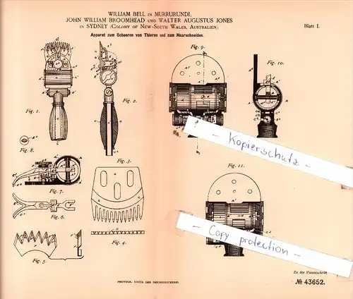 Original Patent  - W. Bell in Murrurundi, J. William Broomhead und W. Jones in Sydney ,1887 , !!!