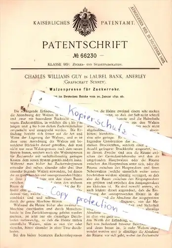 Original Patent  - C. Williams Guy in Laurel Bank, Anerley , 1891 , Walzenpresse für Zuckerrohr !!!